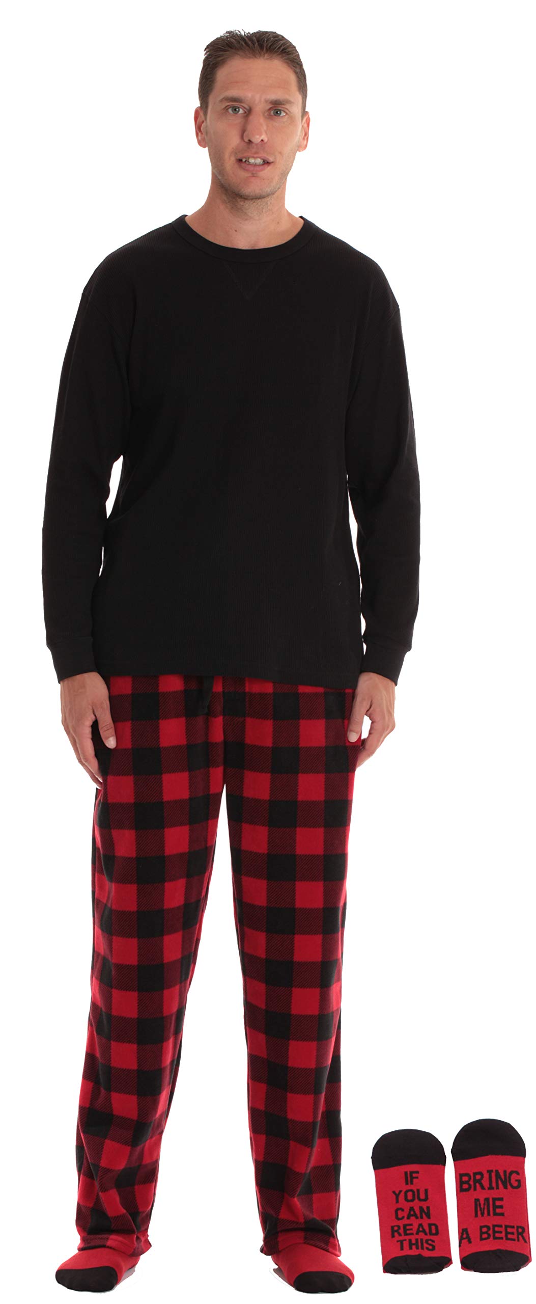 #FollowMe Mens Novelty Pajama Pants Set with Matching Socks Fun \u0026 Comfy Sleepwear (Red Black Buffalo Plaid with Socks - Bring Me Beer, Small)